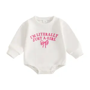 Newborn Infant Baby Girls Sweatshirt Romper I'm Literally Just a Girl Bowknot Embroidered Long Sleeve Onesie Bodysuits Jumpsuits