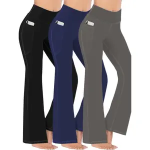 3 Pack Plus Size High Rise Flared Leg Yoga Pants Set with Phone Pockets, Seam Detail, 3pcs Set for Spring/Autumn
