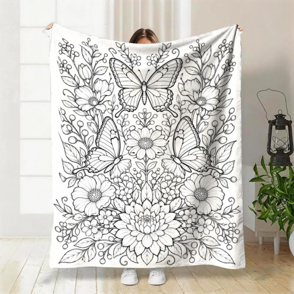 Butterfly & Flower Coloring Throw Blanket, Black and White Floral Doodle Design, Butterfly Coloring Blanket for Girls Teens Adults, Cozy Sofa Couch Bed Bedroom Decor, Birthday Christmas Gift