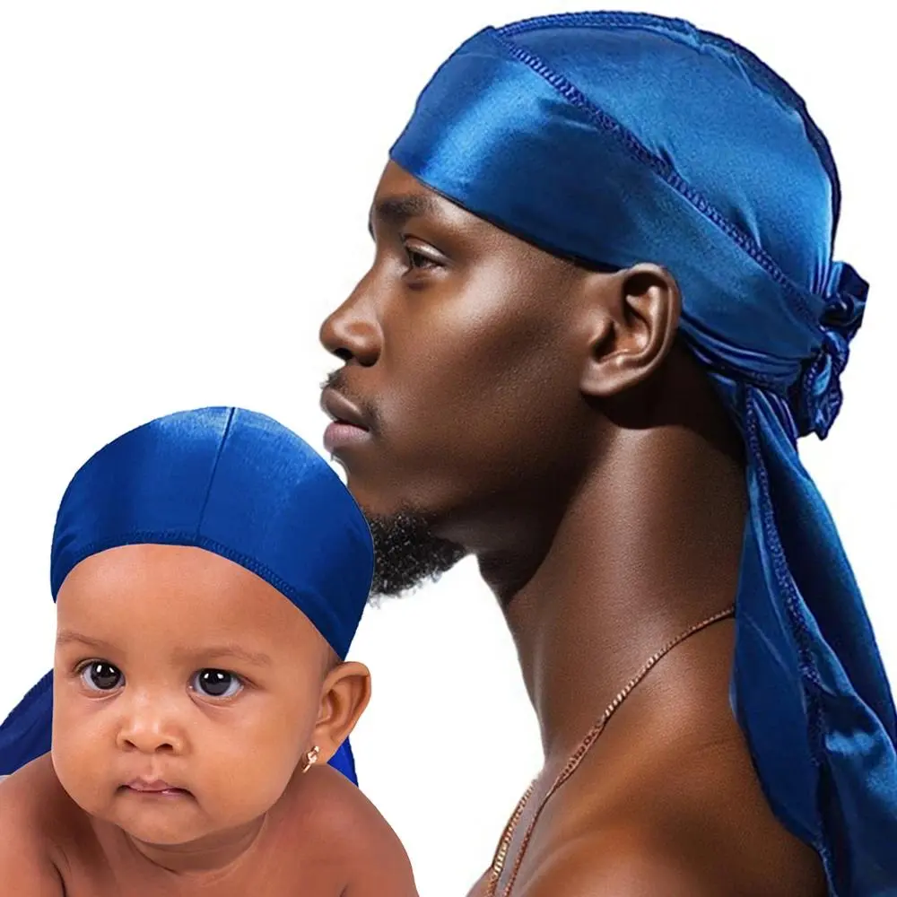Unisex 2-Piece Silky Long Tail Durag Set - Polyester Skull Cap Headwrap, Fashion Headbands, Hair Style Accessory, Headband Outfit Set, Bandana Head Wrap for Adults & Kids (Protective Headscarf Hats)