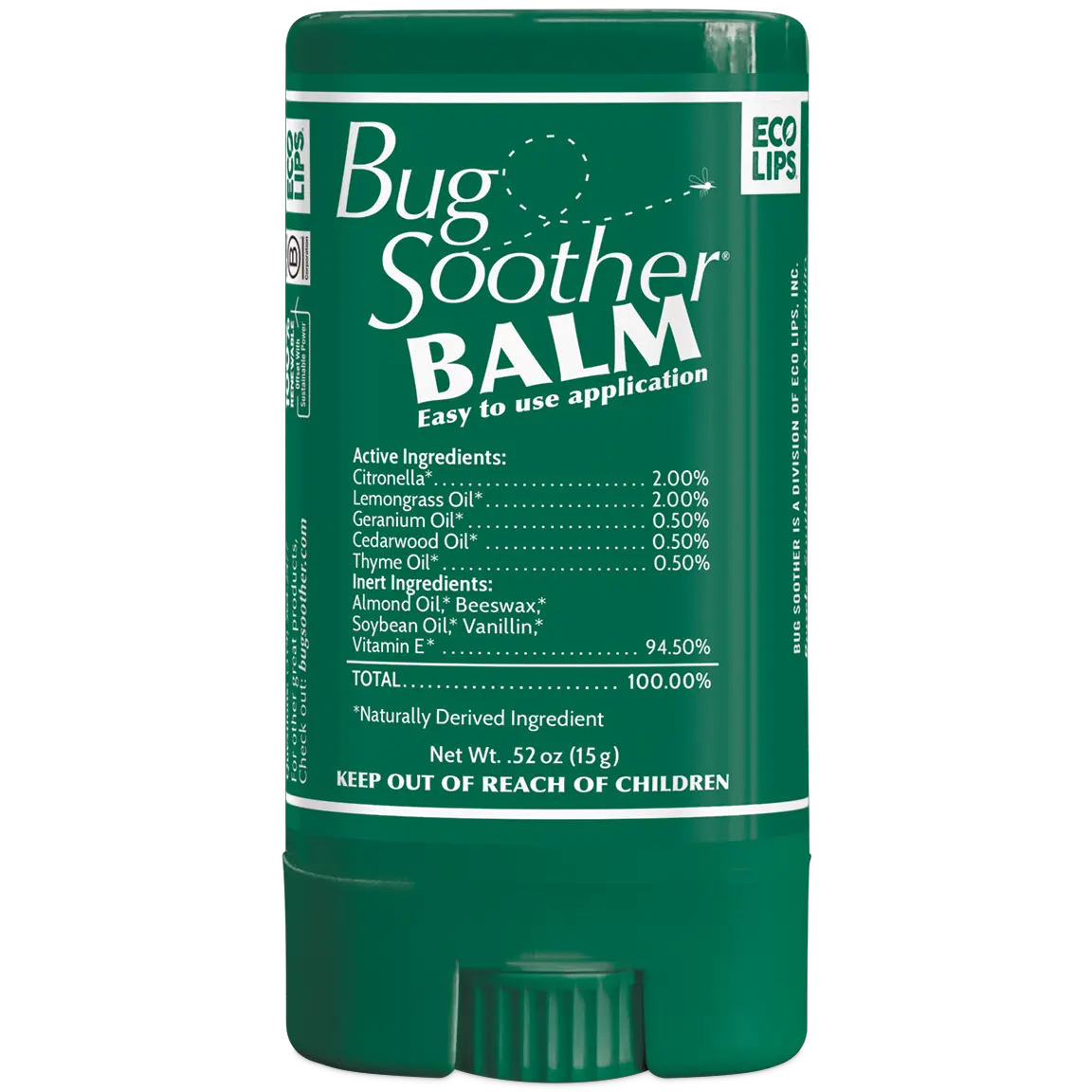 ECO LIPS, INC. Bug Soother Balm Natural Mosquito Repellent 0.52 oz. Easy-to-Use Stick with Lemon Grass, Vanilla, and Almond Oil for Outdoor Protection