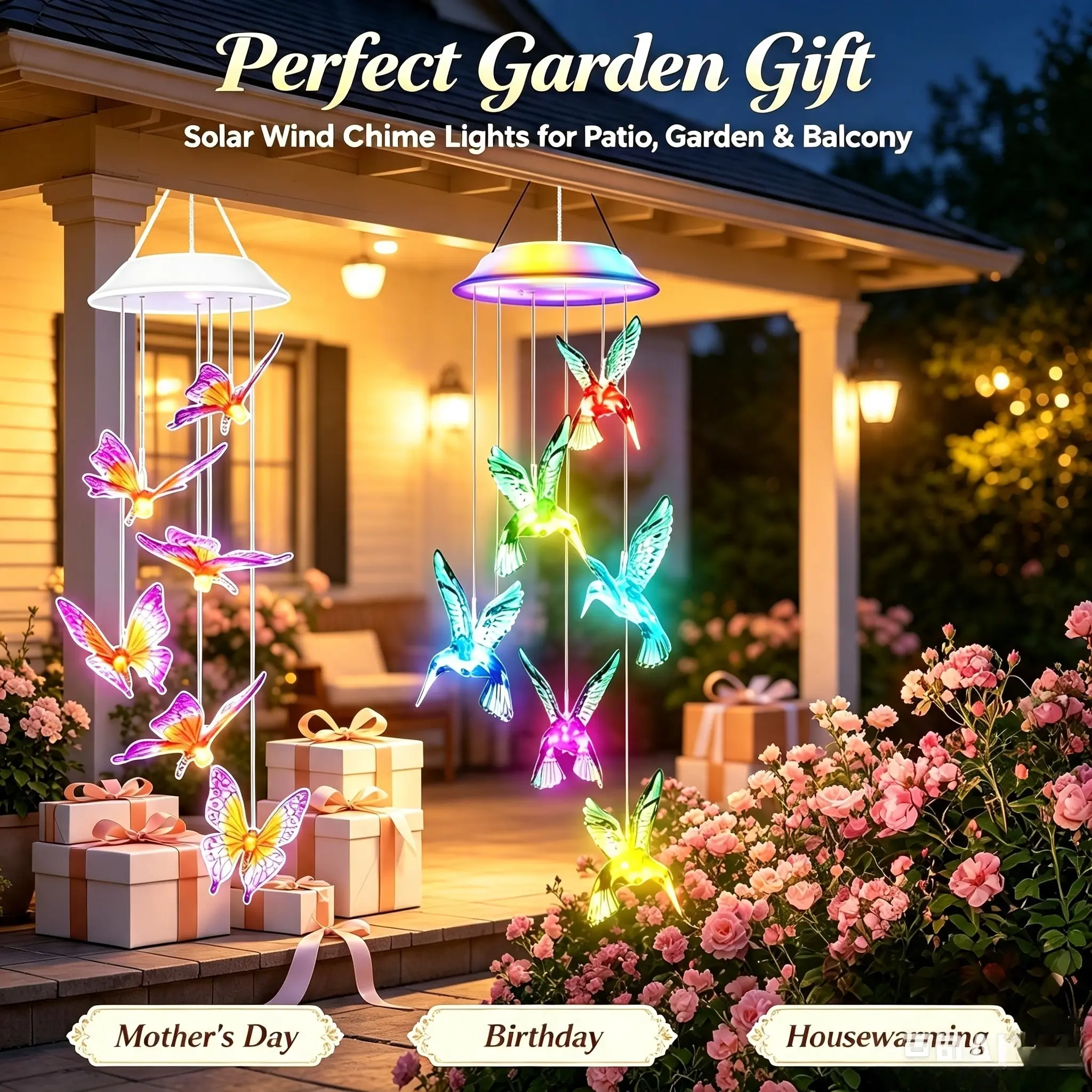 Solar Powered Outdoor Hanging Decorative Lights - 1/2/4 Pack, Shiny LED Butterfly/Hummingbird Design, Smart Sensor, Night Lighting, Outdoors Safe, Ideal for Courtyard Parties, Patios, Backyards home essential