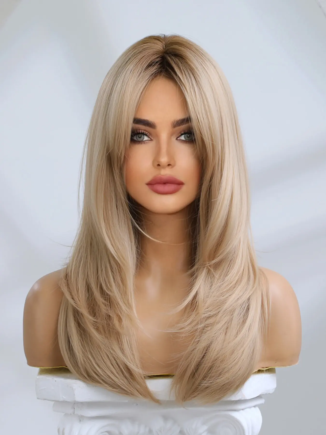 Women's Long Wavy Hairpiece with Bangs, Layered Design, Full Head Rose Net Wig, Fashionable Natural Looking Synthetic Hair, Synthetic Machine Wigs, Curly Wavy Wig, Daily Curly Wig