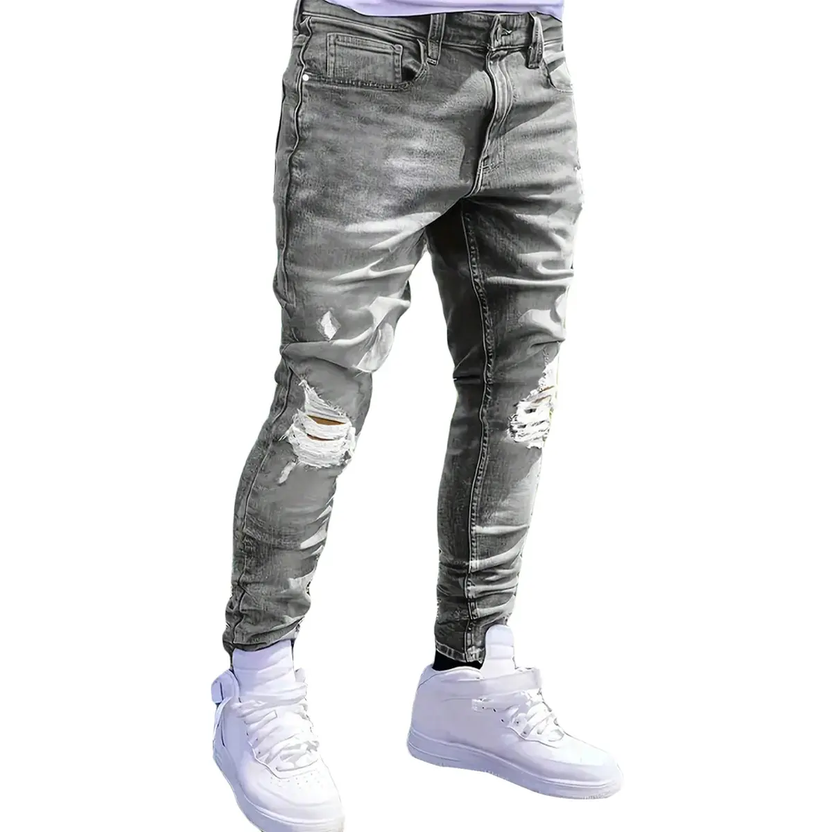 Men's Vintage Ripped Gray Jeans, Washed Stretch Denim with Ripped Holes, Comfortable Casual Streetwear Pants, Denim Look Jeans, Ripped Holes Jeans