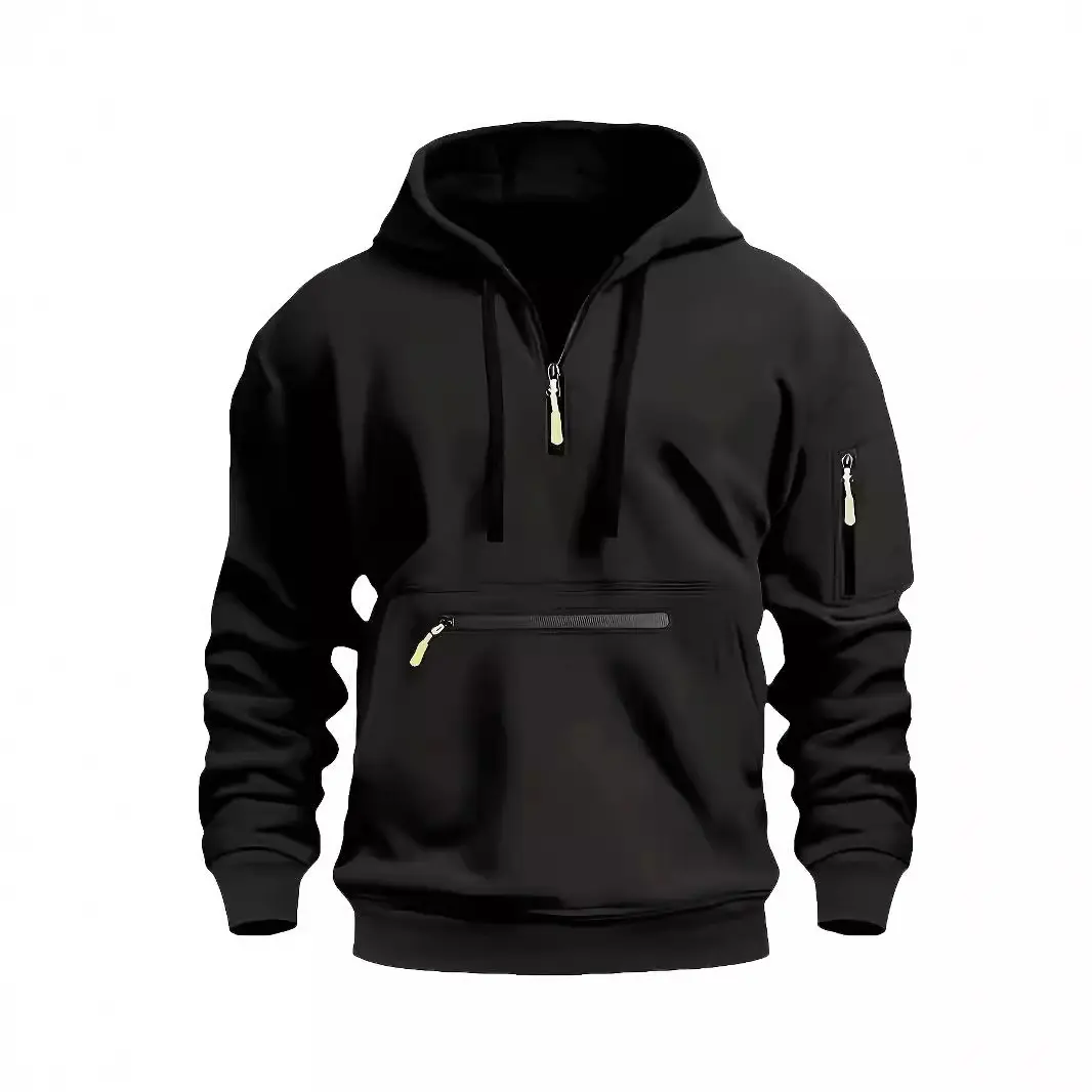 Men's Pullover Hoodie, Solid Polyester Half-Zip Sweatshirt with Zipper Pocket for Casual Fall Streetwear, Sweatshirts, Long Sleeve, Fabric, Stylish, Casual Streetwear, Casual Pullover Hoodies
