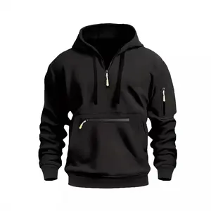 Menswear Casual Pullover Hoodies, Men's Solid Color Half-Zip Longsleeves Hooded Top with Zipper Pocket, Polyester Fabric Sweatshirt for Fall, Winter Daily Wear