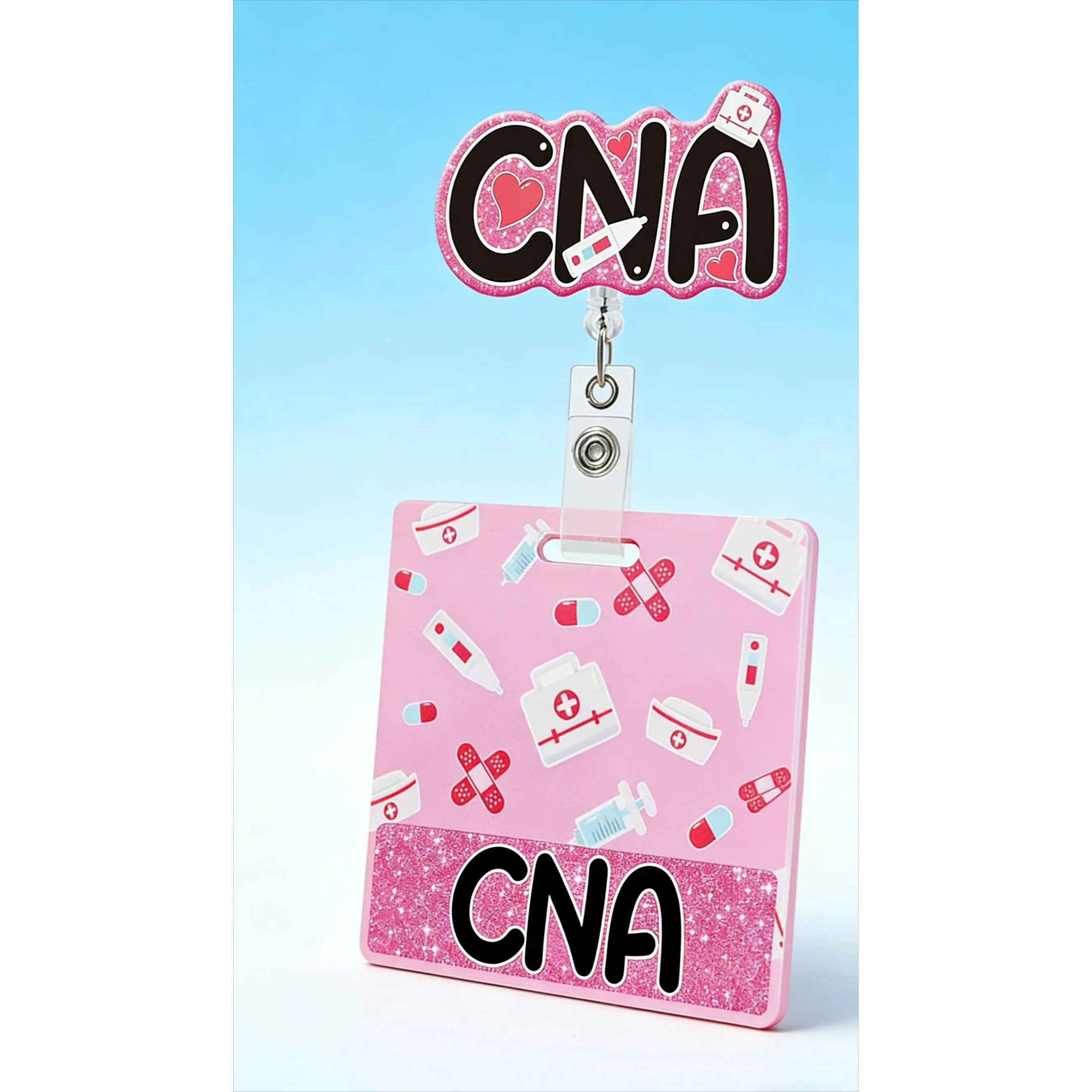 Pink Glitter CNA Badge Reel with Badge Buddy | Retractable Nurse Badge Reel, CNA Gifts for Nurses