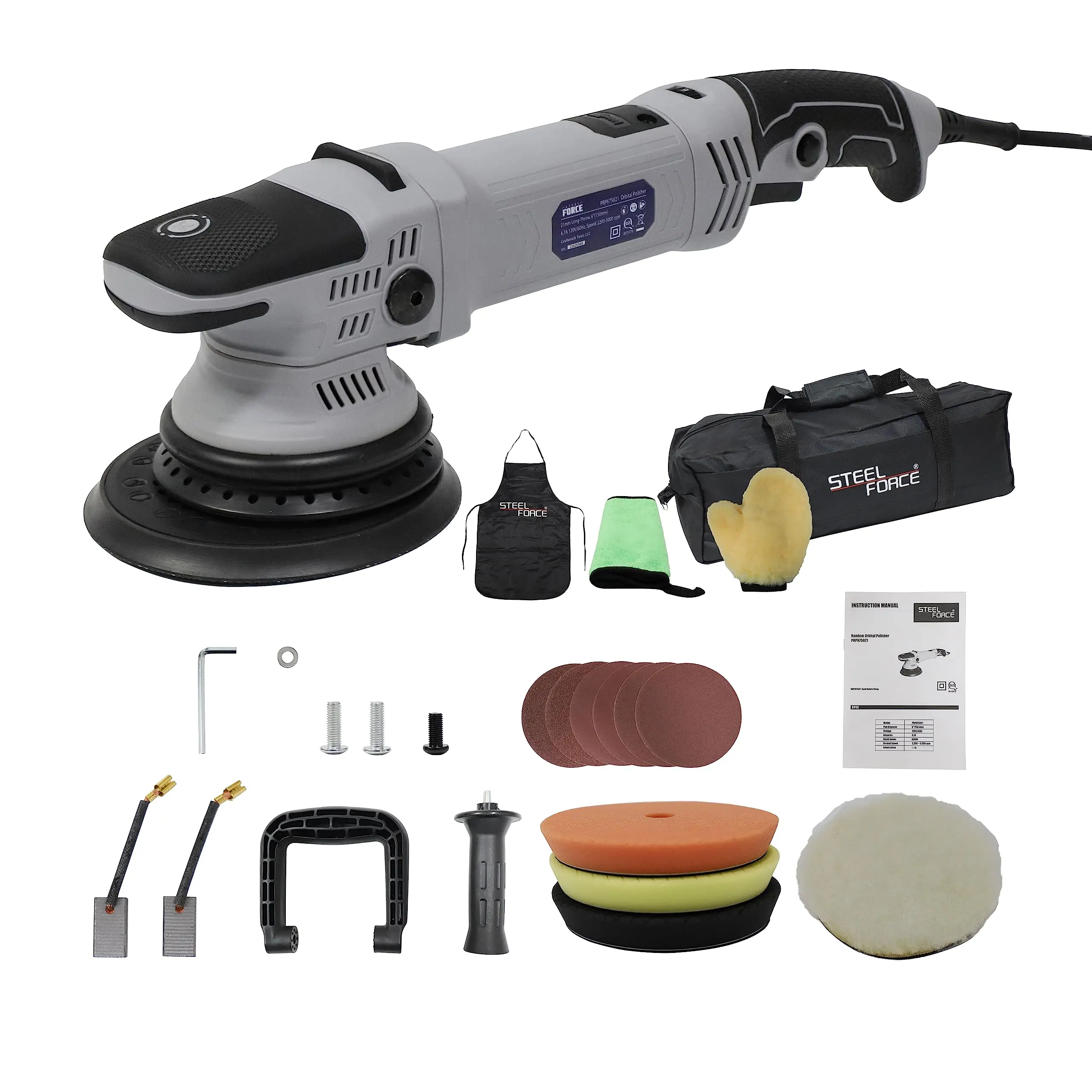 Steel Force 6-Inch Dual Action Polishing Machine with Handle, Lock Switch, Variable Speeds for Car Detailing, Tile Maintenance, Tool