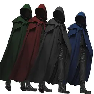 Men’s Halloween Gothic Cloak — trendy retro hooded robe cloak for adult role play (medieval/renaissance), long hooded cloak, available in silk green fabric and polyester, men’s clothing, Therian mask, 083 Black/Beige, plain Labubu outfit
