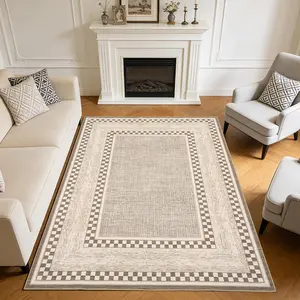 Checkered Area Rug 6x9, No Slip Washable Rug, Modern Bedroom Rug Under Bed Ultra Carpet, Low-Pile Rugs for Living Room Bedroom Dining Room, Brown