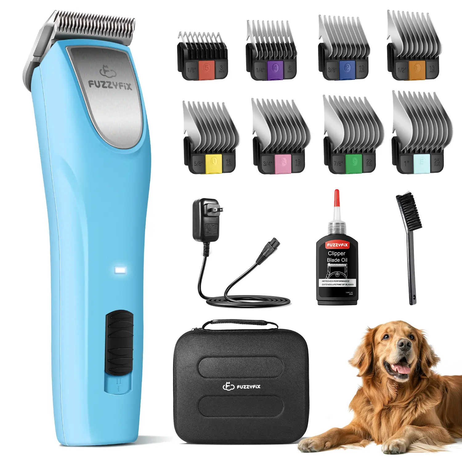 Fuzzyfix BLUEWAVE Professional Dog Grooming Clippers, Heavy-Duty Cordless Pet Clippers with Detachable A5 Blade, 2-Speed Low Noise Trimmer for Thick Curly and Matted Coats, Metal Guide Combs Kit for Dogs Horses and Large Breeds