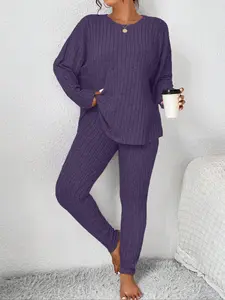 Women's Plus Size Knit Fitted Pajama Set, Long Sleeve Top & Pants for Fall & Winter, Casual Home Wear Loungewear, Comfortable Pajamas for Women