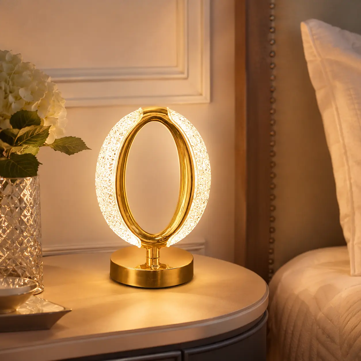 USB-Rechargeable Crystal Oval LED Table Lamp - Touch-Controlled, 3 Modes, Modern Gold-Toned Base, Ambient Mood Lighting, Decorative Lights, Crystal Specialty & Decorative Lighting, Ideal for Bedrooms, Great Gift