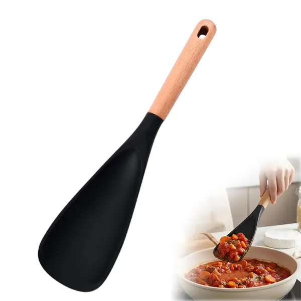 Multi-Functional Wooden Handle Silicone Cooking Spoon Heat-Resistant Rubber Scraper for Stirring Scooping, and Scraping