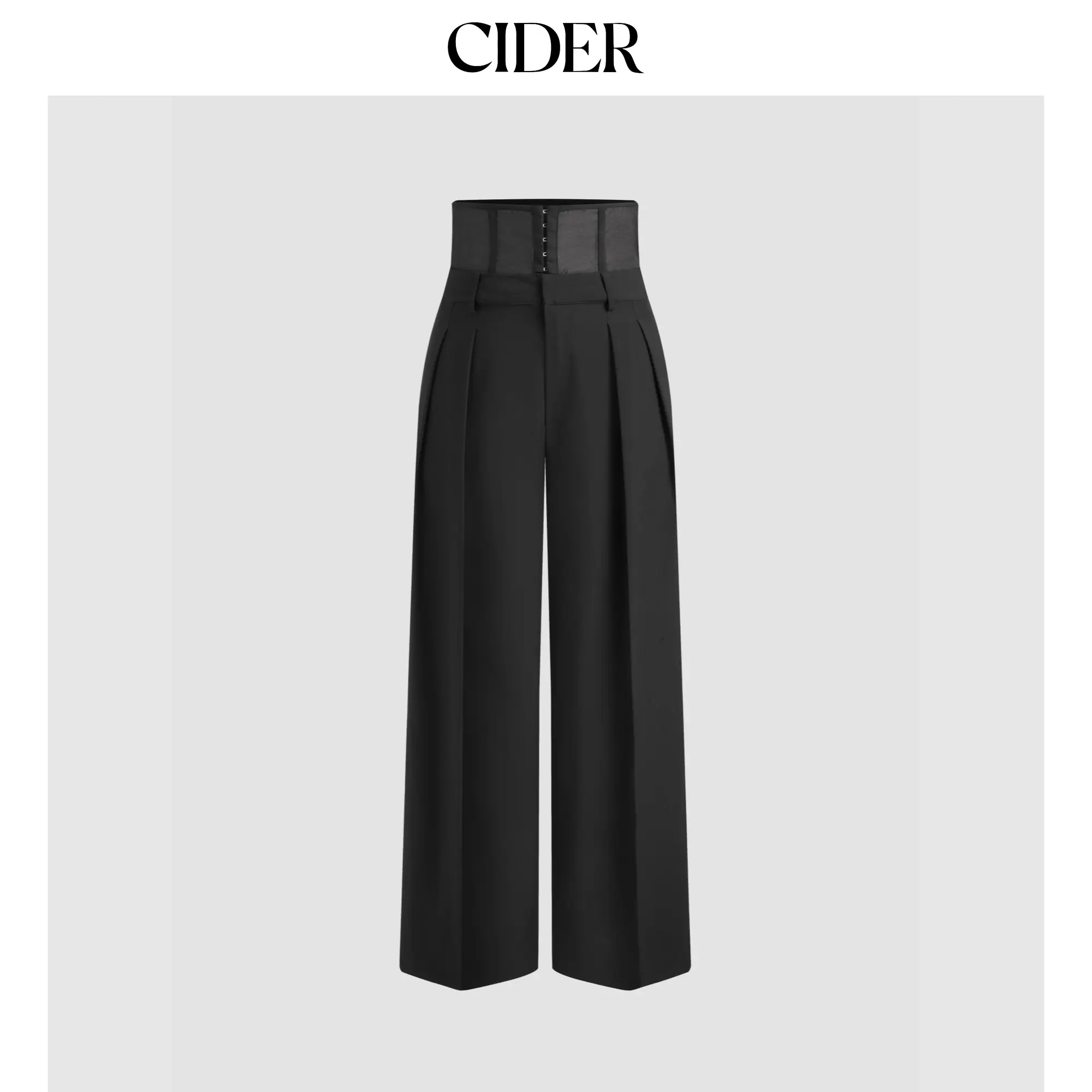 Cider Women's High-Waist Corseted Waist Pleated Trousers, Elastane-Polyester Solid Wide-Leg Pants, Business Casual Basic Bottoms