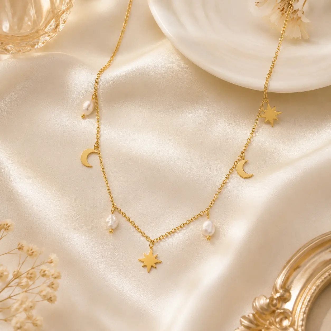 Metora Selene Gold Moon Star Pearl Charm Necklace for Women, Stainless Steel Dainty Pendant Jewelry