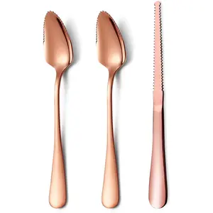 Rose Gold Grapefruit Spoons 3 Pieces Set, 2 Stainless Steel Grapefruit Spoons 1 Grapefruit Knife With Titanium Plating, Serrated Edges Grapefruit Utensil Set