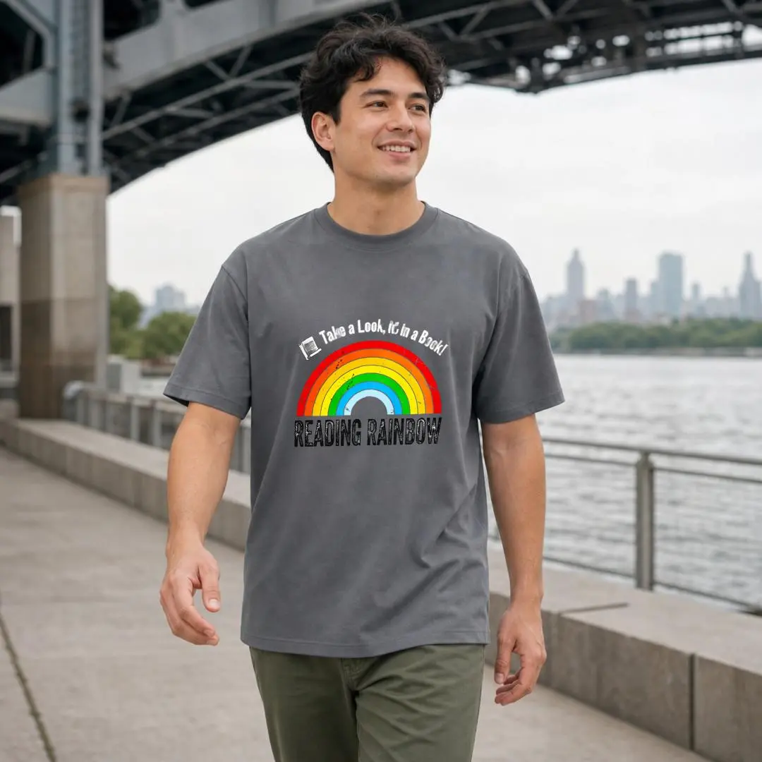 XTAUTO Menswear Unisex Round Neck Short Sleeve Cotton T-Shirt - Casual Style, Reading Rainbow Graphic, Summer Outdoor Wear, Gift for Book Lovers, Men's Tops, Shortsleeve, Graphic Art