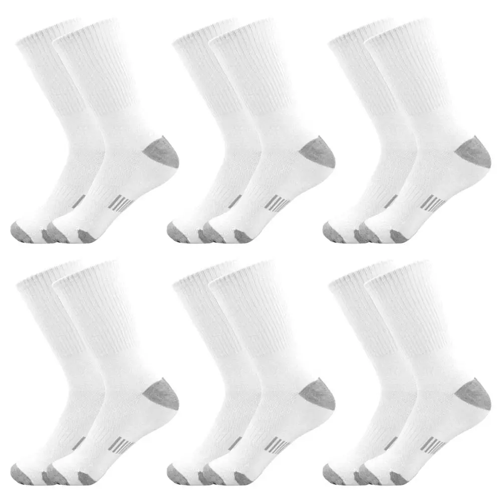 6 pairs of men's white cotton blend mid length socks with ribbed cuffs, suitable for daily shoe matching, gym training, and long-term wearing in the office or outdoors