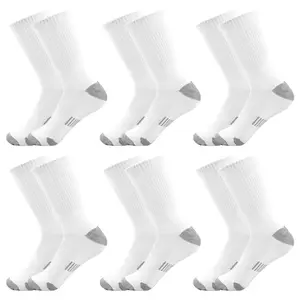 6 pairs of men's white cotton blend mid length socks with ribbed cuffs, suitable for daily shoe matching, gym training, and long-term wearing in the office or outdoors