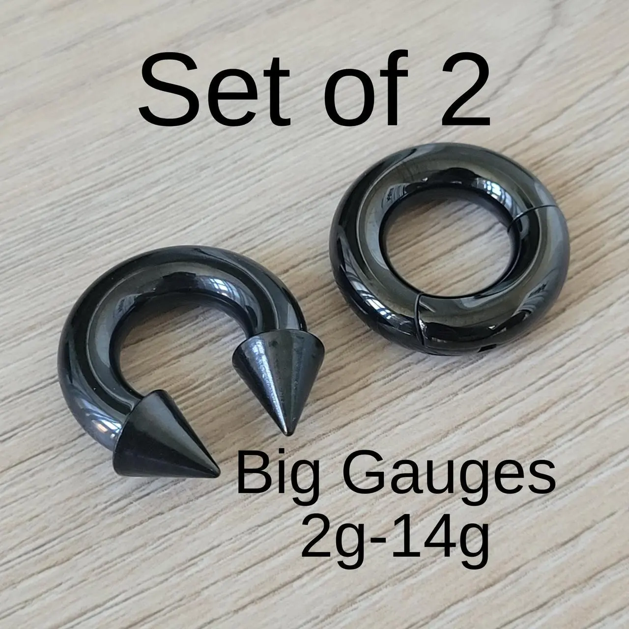 Black Spike Horseshoe & Clicker Ring Septum Cartilage Set 2g-14g Surgical Steel 316L Titanium Ion Plated Big Gauges