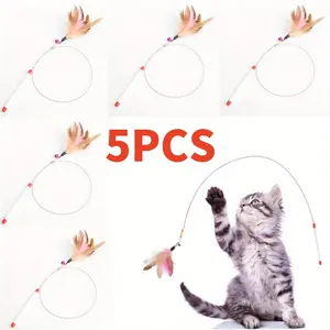 Cat Feather Toy Cat Toys Wand Bundle of 5PCS Interactive Pet Cat Kitten Chaser Teaser Wire Wand with Bell Beads for Cat Exercise Play Fun