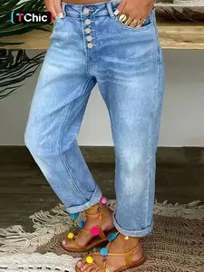 Women's High Elasticity Denim Straight-Leg Pants, Casual Button Design, Comfortable Fit, Perfect for Daily Wear