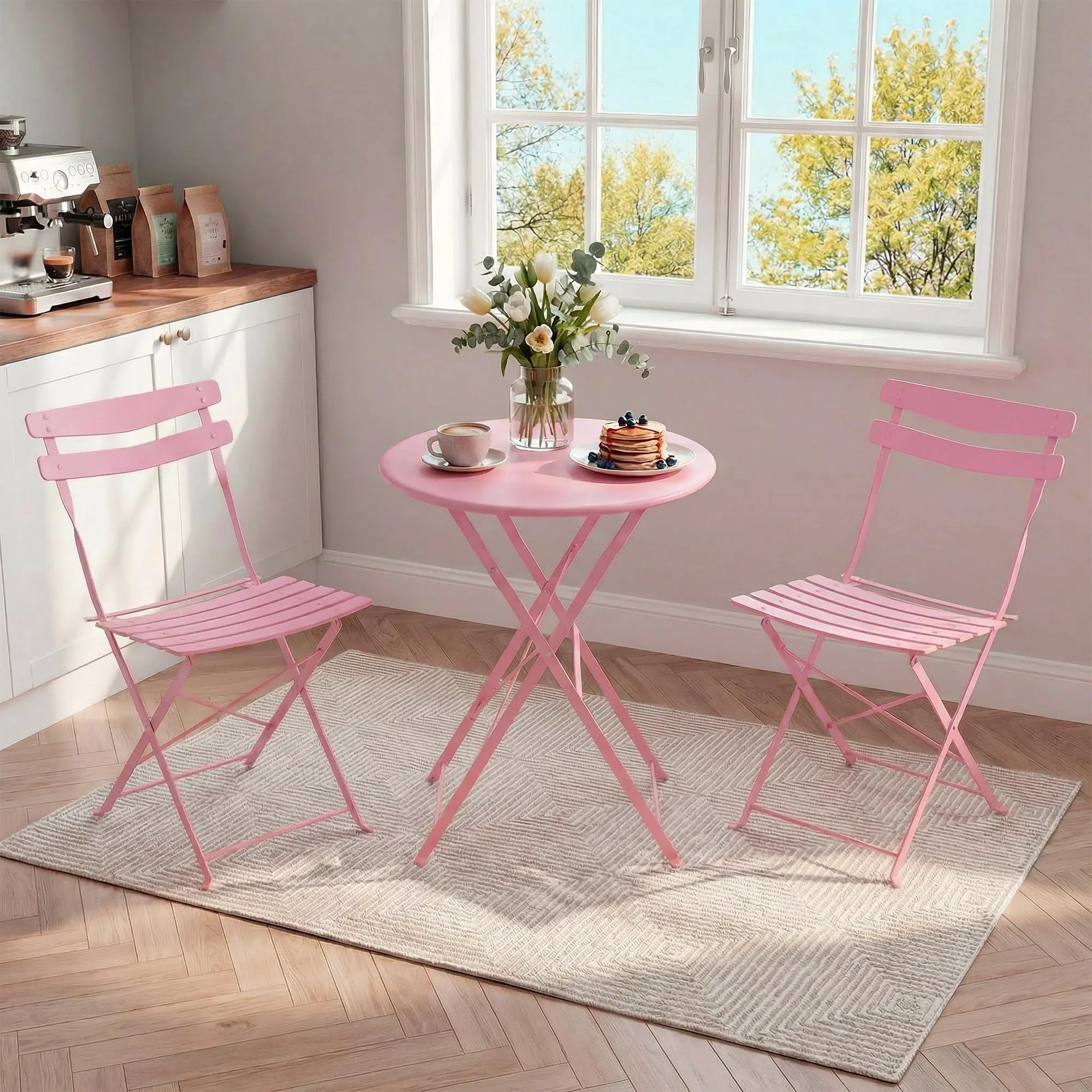 3 Piece Patio Bistro Set, Folding Patio Bistro Table and Chairs Set of 2, Outdoor Patio Furniture Set, Metal Structure, No Assembly Needed, for Balcony Yard Garden, Pink