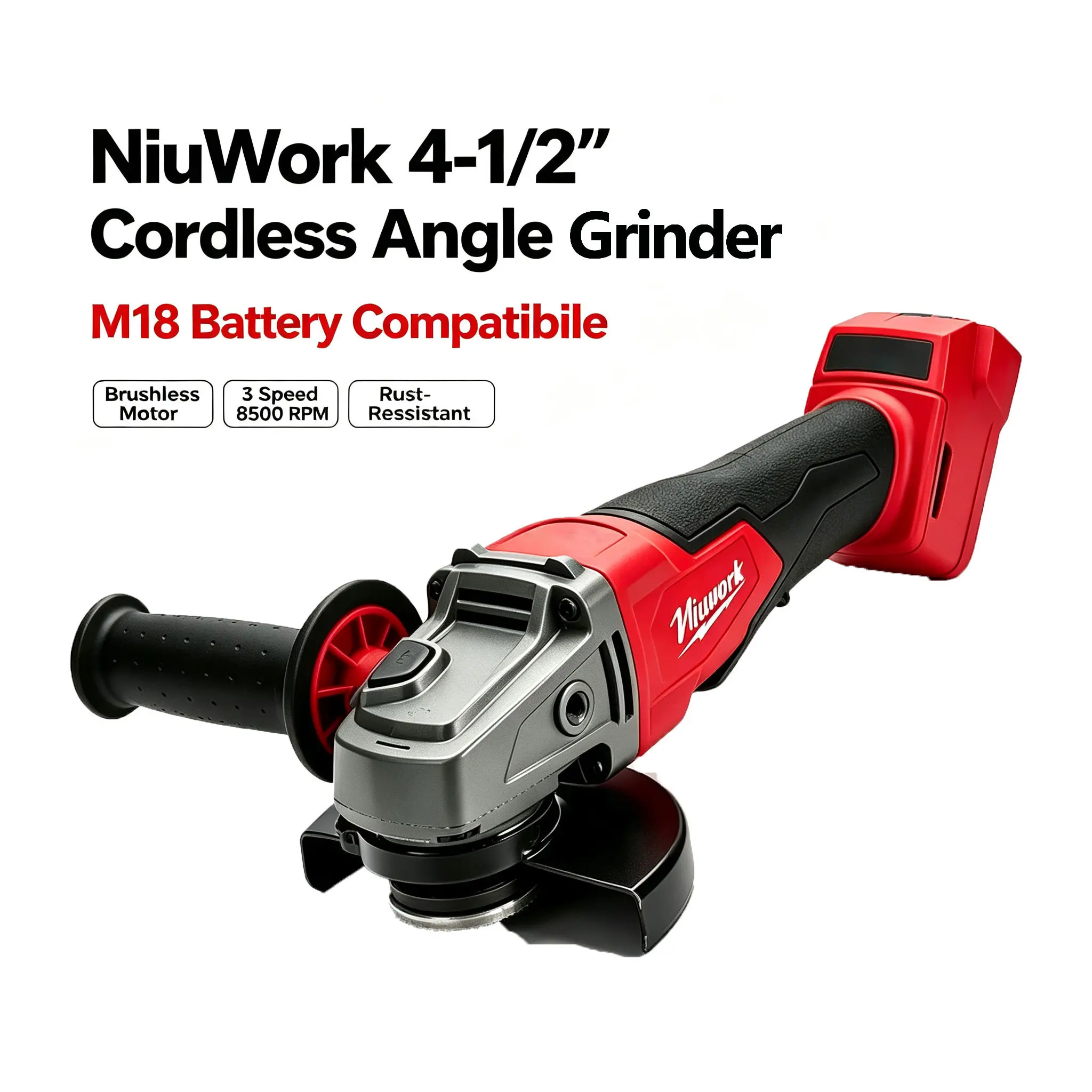 NiuWork 4-1/2 inch Cordless Angle Grinder – M18 Battery Compatible | Powerful metal and concrete cutter with brushless motor, rust-resistant design, ideal for auto repair, construction, and DIY projects.