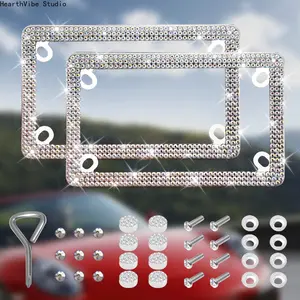 2Pcs Luxury AB Rhinestone License Plate Frames, Bling Glitter Crystal Stainless Steel Tag Holder, Universal US Standard Sparkly Auto Decor Gift for Women Girls