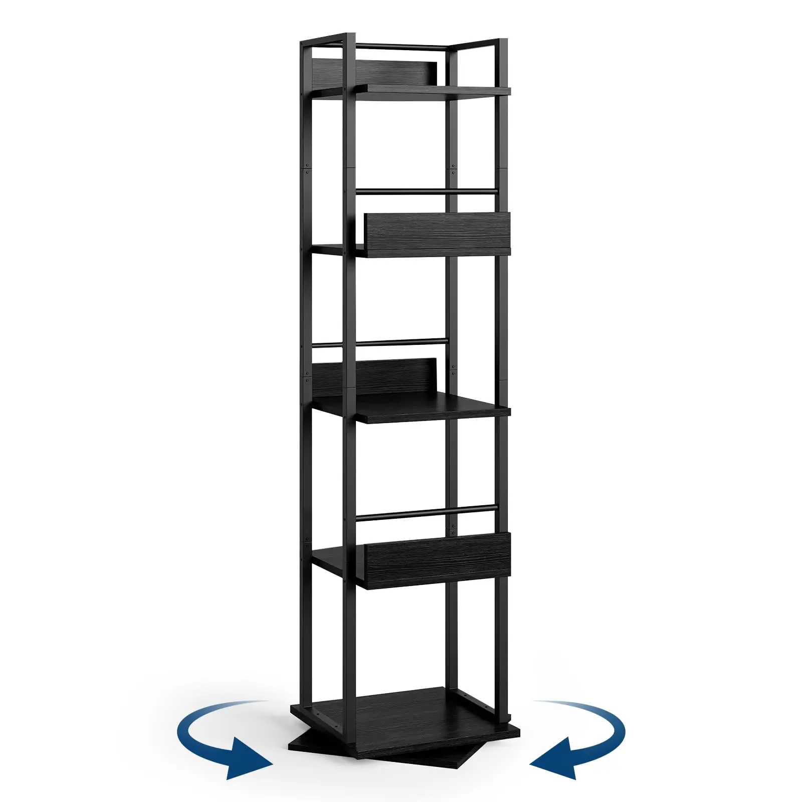 Garvee 5-Tier 360° Rotating Corner Bookshelf Tower, Tall Narrow Freestanding Bookcase with Guardrails, Industrial Space-Saving Storage for Living Room Bedroom Study Office - Rustic Brown / Sunset Cloud Color, Apartment, Small Space, Shelf, Organizer