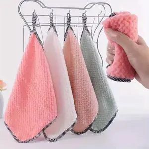 Coral Velvet Pineapple Grid Small Square Towel, Non Greasy, Thickened, Absorbent Hanging Rope, Kitchen dishwashing Towel, Cleaning Cloth, Hand Towel