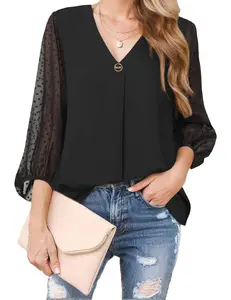 ZEAGOO Womens 3/4 Sleeve Tops See Through Chiffon Elbow Sleeve Tops Polka Dot Bohemian Blouses Dressy Casual