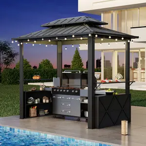 EROMMY 8x6 FT Grill Gazebo, Outdoor Patio Furniture with Double Galvanized Steel Roof, Metal Frame Canopy and Shelves for Patio, Lawn,summervibes