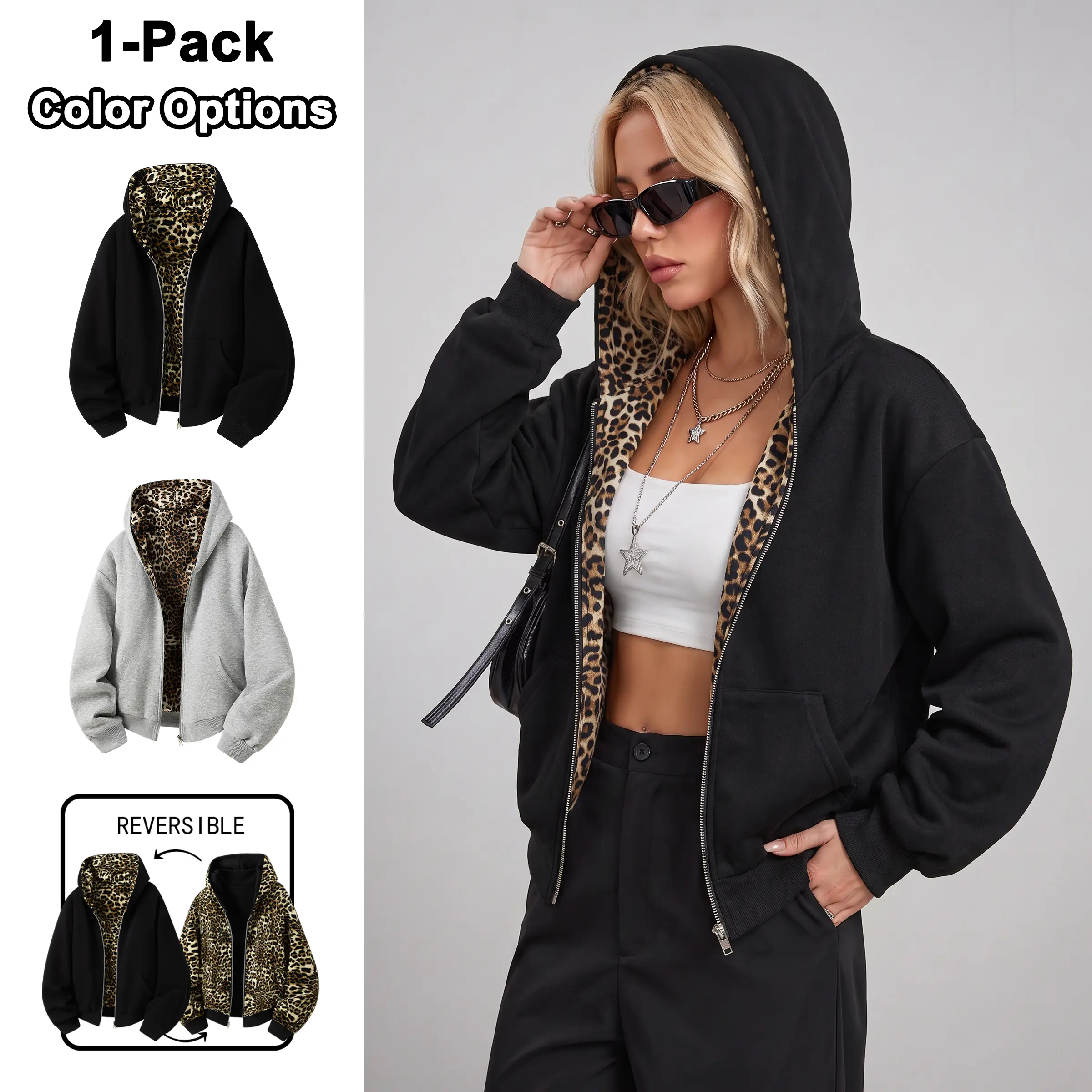 Women’s lightweight loose leopard-print hooded sweatshirt, couples’ style reversible unisex athletic hoodie, casual versatile street-style top suitable for everyday wear and outings