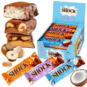 FitnesSHOCK Protein Bars Variety Pack – Low Sugar Dessert Snack (1g Total Sugar, No added Sugar) – Coconut, Peanut Salted Caramel & Hazelnut Caramel – Healthy Snack Box –12 Count