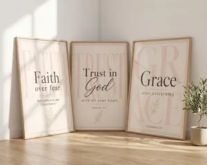 Set of 3 Bible Verse Prints | Christian Wall Art Printable | Faith Over Fear, Trust in God, God is Within Her | Neutral Pink Decor for Women
