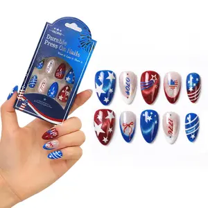 Independence Day 4th of July Press On Nails Short Almond & Square Full Cover American Flag Star Glitter Glossy Reusable Salon Quality Stick On False Nails 32 Pcs