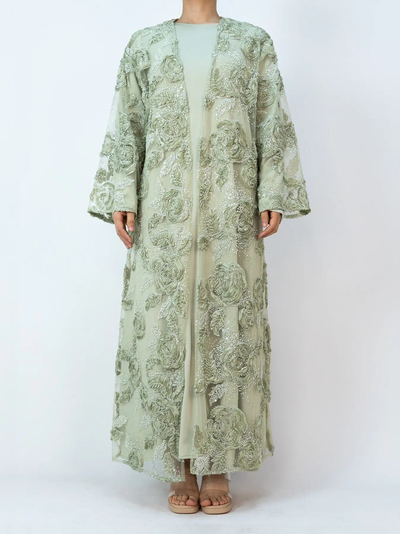 Women's Luxury Abaya Set, Floral Beaded Coat and Satin Lined Dress (Embellished Open Abaya + Inner Dress), Elegant Two-Piece, Perfect for Special Occasions, Abaya Hijab Set, Elegant Islamic Clothing