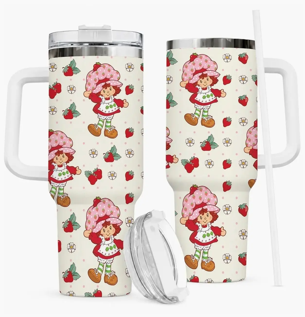 Strawberry Shortcake 40oz Tumbler, Vintage Retro Cartoon Insulated Travel Mug with Handle and Straw, Cute Strawberry Pattern Cup, Gift for Fans