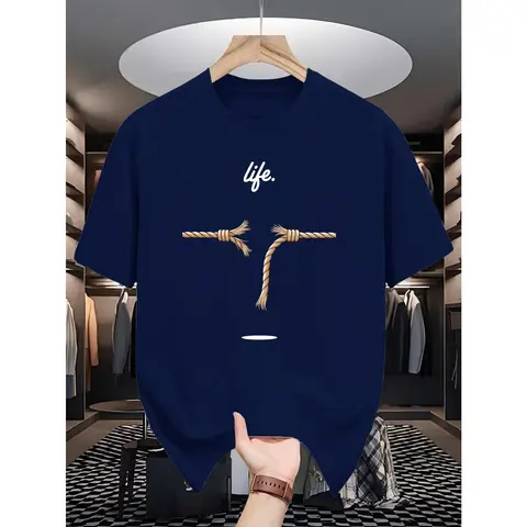 Male Pure Cotton Knit Casual Sports Top - Short Sleeve Crew Neck, Regular Fit, Letter Detail, Breathable High-Stretch Fabric, Machine Washable for Summer Outdoors