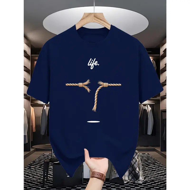 Male Pure Cotton Knit Casual Sports Top - Short Sleeve Crew Neck, Regular Fit, Letter Detail, Breathable High-Stretch Fabric, Machine Washable for Summer Outdoors