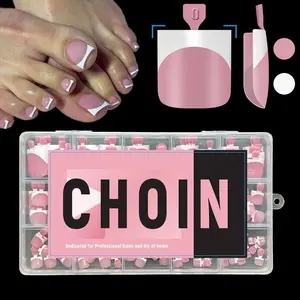 CHOIN Toe Nail Press Ons French Tips 150pcs Square Soft Gel Thick False Toenail Extension Berry Pink Full Cover Acrylic 15 Sizes for DIY Pedicure Valentine's Day Gift Glossy Square Press-on Nails