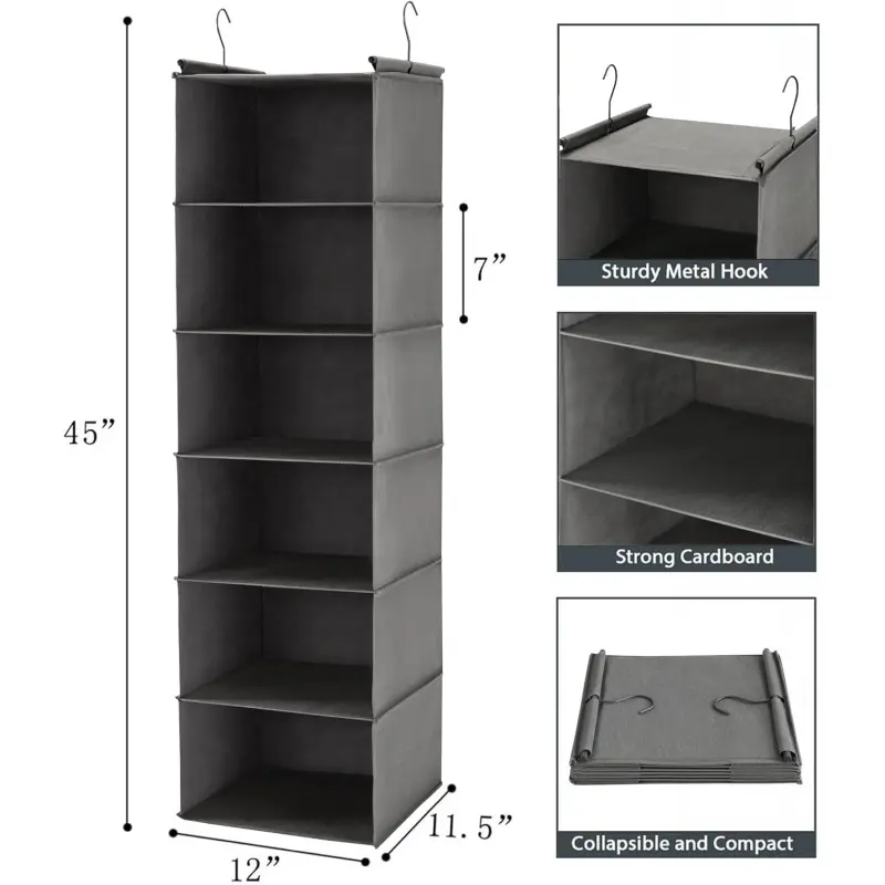 6 Tier Shelf Hanging Closet Organizer, Closet Hanging Shelf with 2 Sturdy Hooks for Storage, Foldable (Grey)
