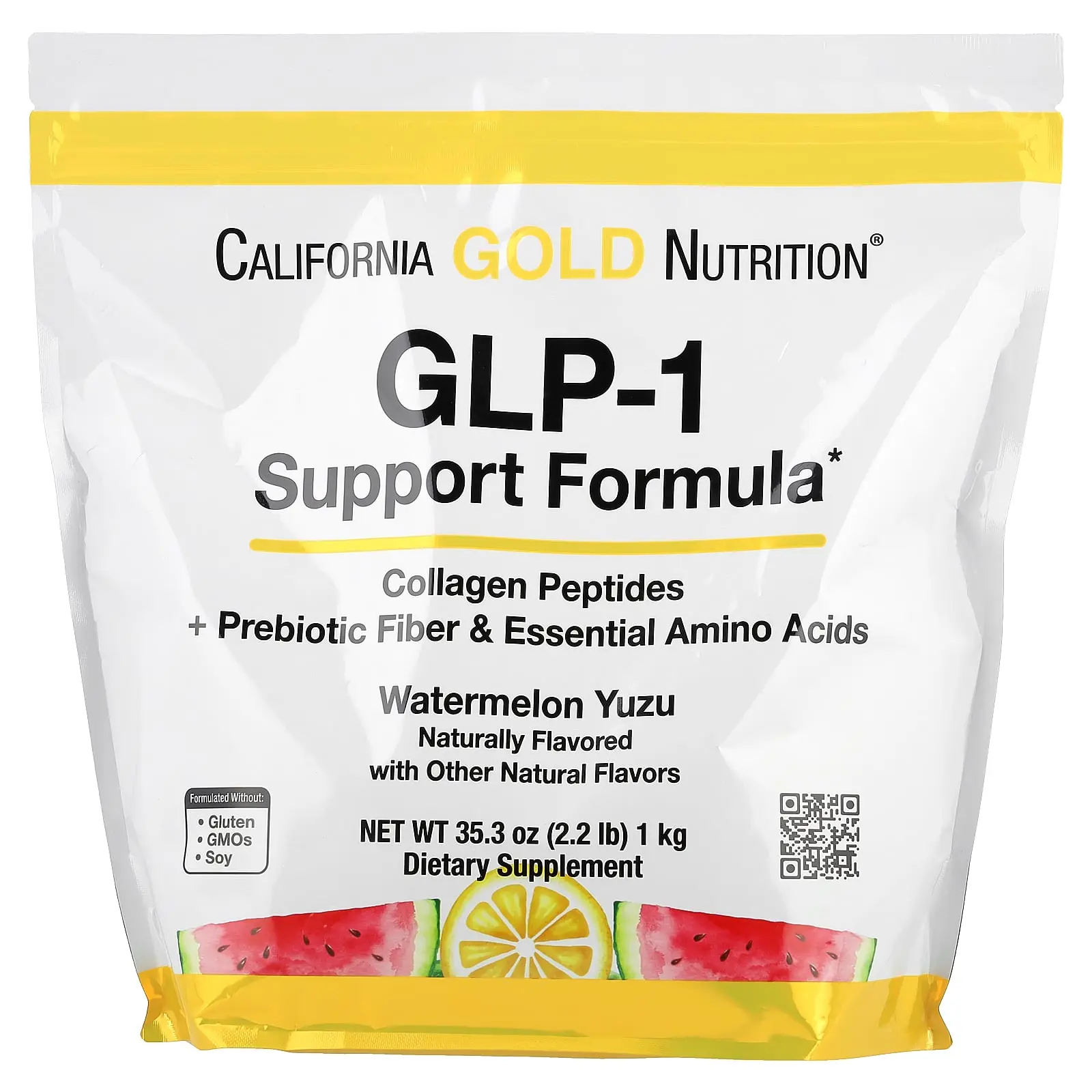 California Gold Nutrition GLP-1 Support Formula with Collagen Peptides, Prebiotic Fiber & Essential Amino Acids, Watermelon Yuzu, 2.2 lb (1 kg)