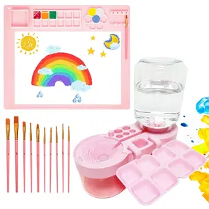 Paintbrush Cleaning Tool: Water-circulating watercolor brush rinser with stand and palette, including 10 brushes and a silicone painting mat, plus brush rinser dispenser. Art Drawing Supplies for artists and beginners.