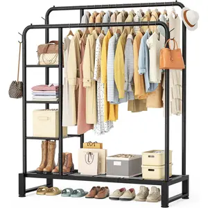 Double Rods Clothes Rack Clothing Rack with 4 Tier Storage Shelves Clothes Rack for Hanging Clothes Multifunctional Heavy Duty Clothes Organizer with Hooks for Bedroom,Wardrobe Closet,Shop,Black