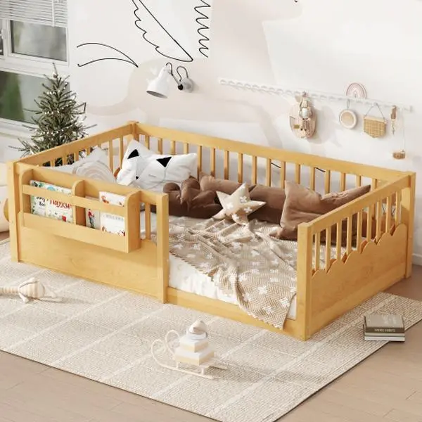 [Bellemave]Floor bed with Heightened Fence and bookshelf ,Wood Floor Bed   Living Room Table Accent Coffee Table