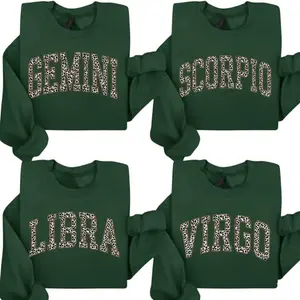 Full 12 Zodiac Minimalist Sweatshirt, Leopard Print Astrology Sign Crewneck, Vintage Horoscope Pullover for Women, Gemini Libra Virgo Scorpio Star Sign Top, Trendy Aesthetic Streetwear, Cute Birthday Gift for Zodiac Lovers - AG
