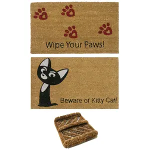Rubber-Cal "Cat Lovers Doormat Kit" - 2 Kitty Coco Doormats & 1 Boot Scraper